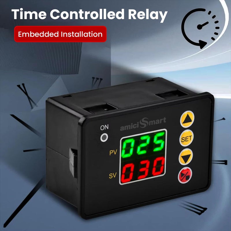 amiciSmart Digital ON/Off Timer Controller | 220V AC Programmable Delay Timer Switch with Dual LED Display | Cycle/Interval Modes | Relay Output 10A 250VAC | Panel Mount - Image 4