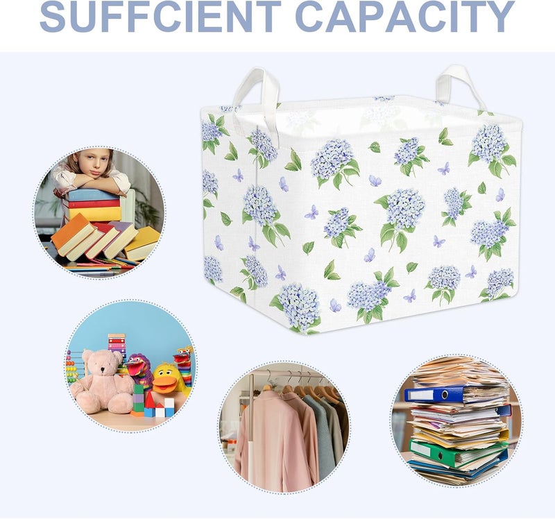 FYSUIMU Blue Hydrangea Storage Basket Flowers Hydrangea Collapsible Storage Bin Waterproof Floral Canvas Laundry Box with Handle Nursery Toy Gifts Baskets for Home Clothes Bedroom Office - Image 4