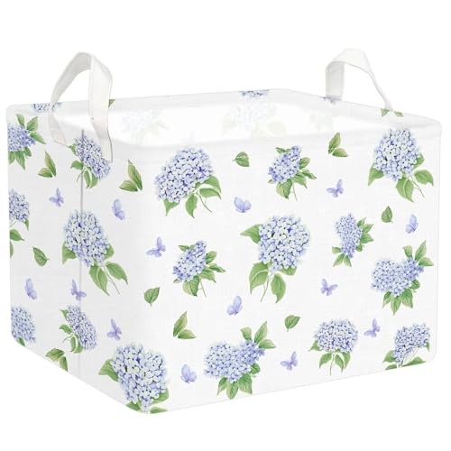 FYSUIMU Blue Hydrangea Storage Basket Flowers Hydrangea Collapsible Storage Bin Waterproof Floral Canvas Laundry Box with Handle Nursery Toy Gifts Baskets for Home Clothes Bedroom Office - Image 1