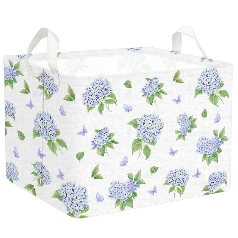 FYSUIMU Blue Hydrangea Storage Basket Flowers Hydrangea Collapsible Storage Bin Waterproof Floral Canvas Laundry Box with Handle Nursery Toy Gifts Baskets for Home Clothes Bedroom Office - Image 2