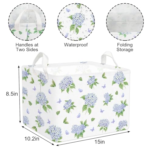 FYSUIMU Blue Hydrangea Storage Basket Flowers Hydrangea Collapsible Storage Bin Waterproof Floral Canvas Laundry Box with Handle Nursery Toy Gifts Baskets for Home Clothes Bedroom Office - Image 3