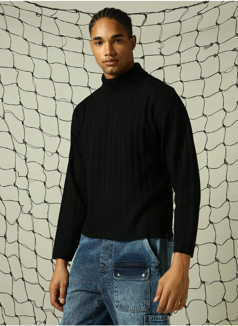 هوبرهولمي Men's Black 100% Acrylic Solid Oversized Sweater