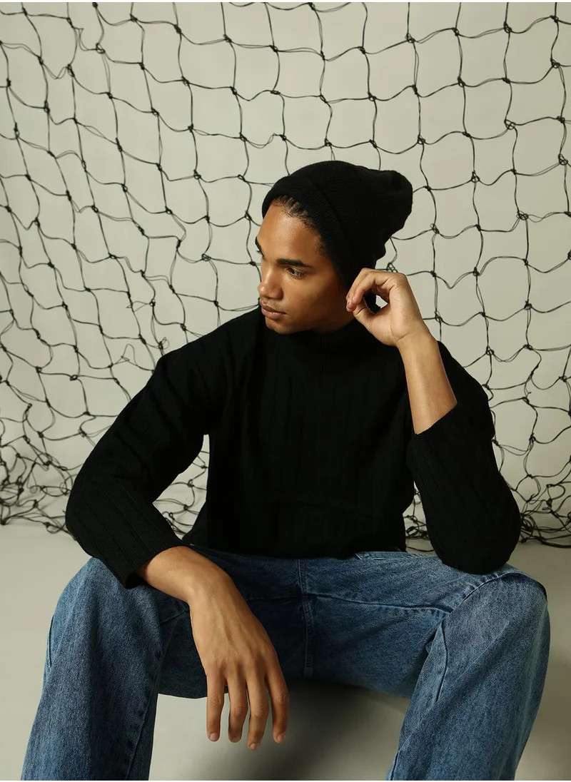 هوبرهولمي Men's Black 100% Acrylic Solid Oversized Sweater