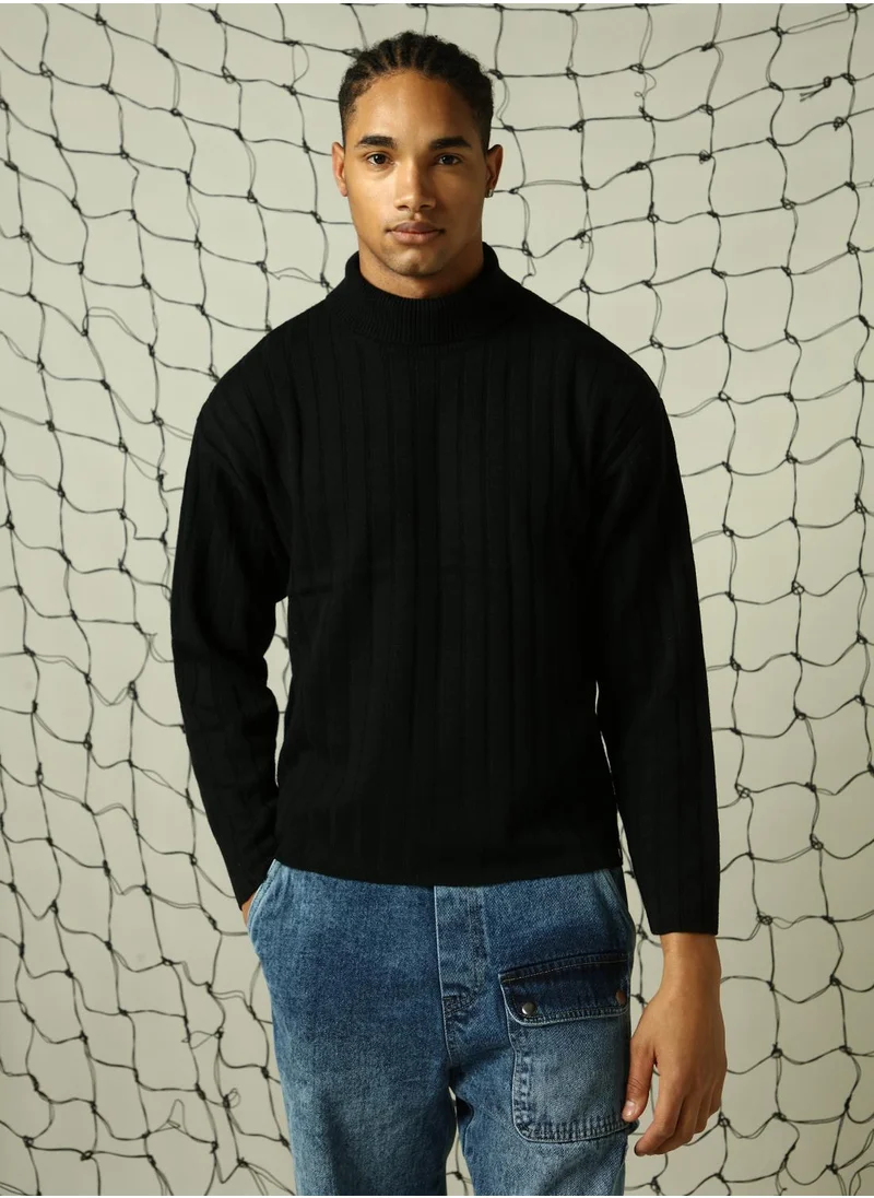 Hubberholme Men's Black 100% Acrylic Solid Oversized Sweater