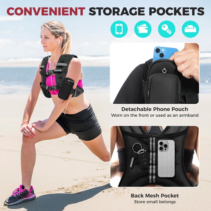 BAGAIL Comfort-Fit Weighted Vest for Woman, Even Weight Distribution, Faster Weight Loss, No-Chafe or Bounce for Walking & Running with Detachable Phone Pouch & Reflective Stripes (Available 5-30lbs) - Image 5
