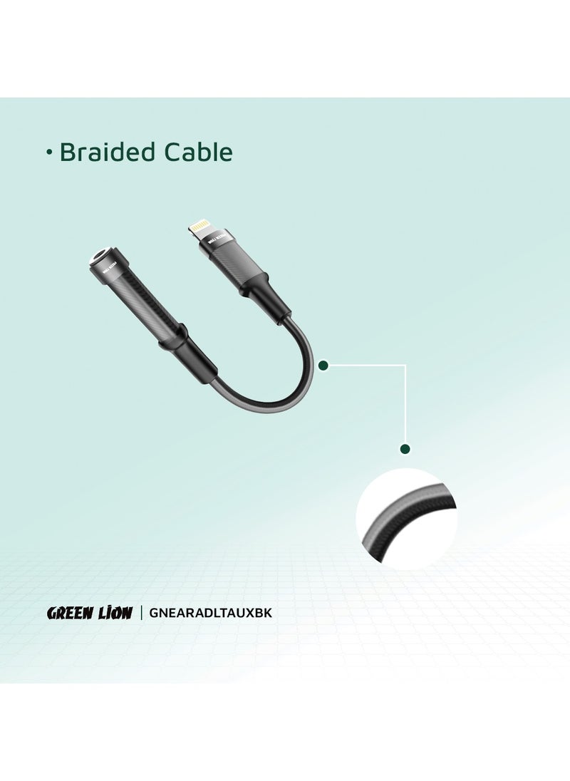 GREEN LION - Earphone Adapter Lightning To 3.5 Audio jack / Transparent Braided Build / 12CM Length / Stable Signal / Durable Material / Secure & Safe / 10000 Bends Life Span / Premium Quality / Flexible & Portable / Wide Combability - Black - Image 1