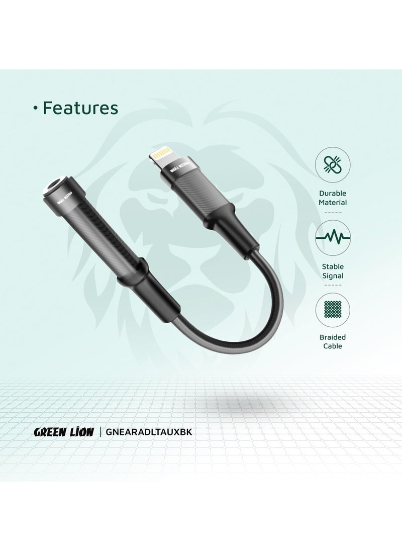 GREEN LION - Earphone Adapter Lightning To 3.5 Audio jack / Transparent Braided Build / 12CM Length / Stable Signal / Durable Material / Secure & Safe / 10000 Bends Life Span / Premium Quality / Flexible & Portable / Wide Combability - Black - Image 1