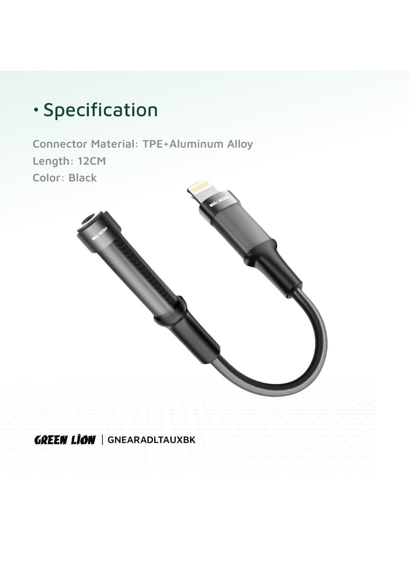 GREEN LION - Earphone Adapter Lightning To 3.5 Audio jack / Transparent Braided Build / 12CM Length / Stable Signal / Durable Material / Secure & Safe / 10000 Bends Life Span / Premium Quality / Flexible & Portable / Wide Combability - Black - Image 1