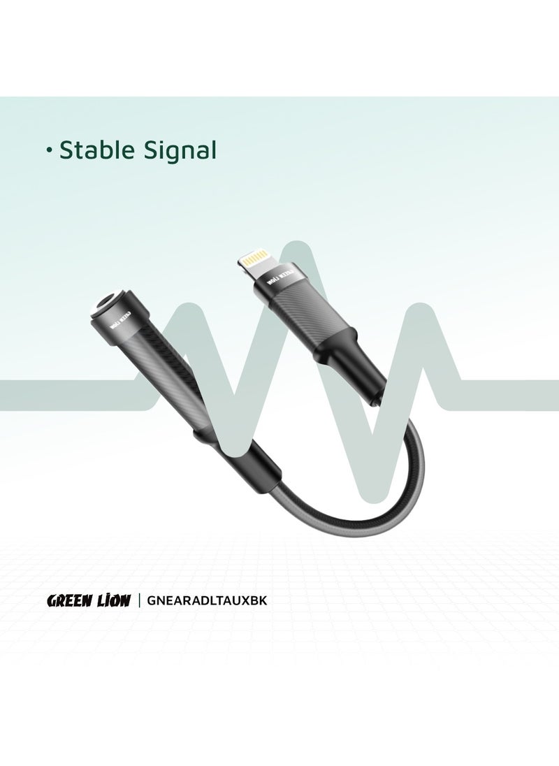 GREEN LION - Earphone Adapter Lightning To 3.5 Audio jack / Transparent Braided Build / 12CM Length / Stable Signal / Durable Material / Secure & Safe / 10000 Bends Life Span / Premium Quality / Flexible & Portable / Wide Combability - Black - Image 1