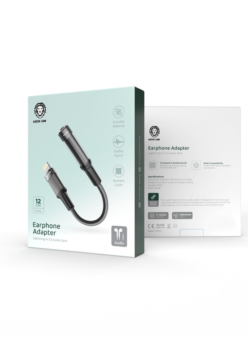 GREEN LION - Earphone Adapter Lightning To 3.5 Audio jack / Transparent Braided Build / 12CM Length / Stable Signal / Durable Material / Secure & Safe / 10000 Bends Life Span / Premium Quality / Flexible & Portable / Wide Combability - Black - Image 1