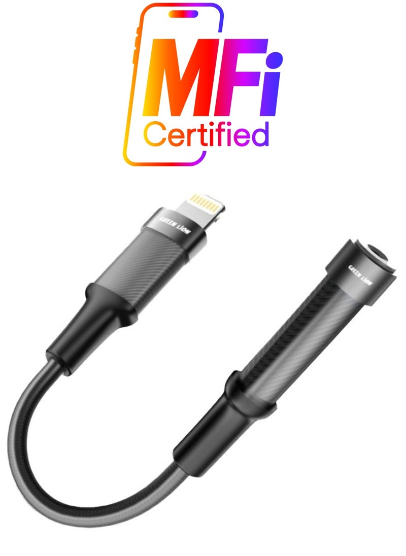 GREEN LION - Earphone Adapter Lightning To 3.5 Audio jack / Transparent Braided Build / 12CM Length / Stable Signal / Durable Material / Secure & Safe / 10000 Bends Life Span / Premium Quality / Flexible & Portable / Wide Combability - Black - Image 1