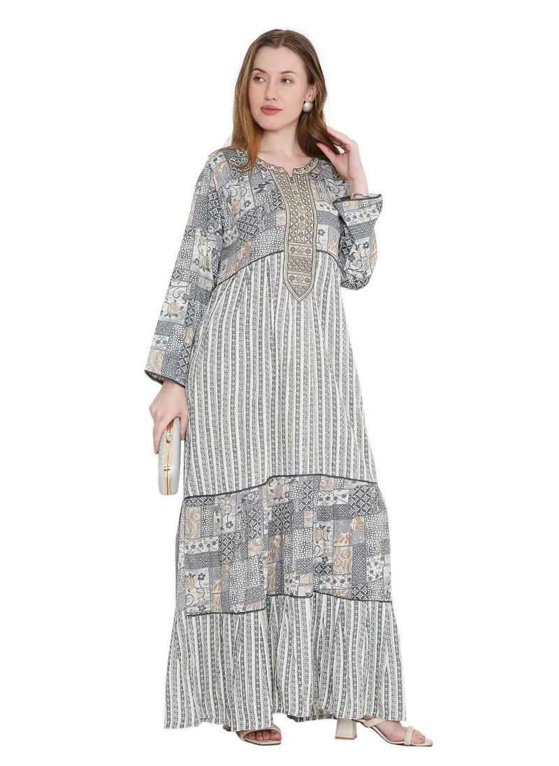 HANA & SARA glamorous long viscose printed farasha with unique embroidered thread detailing arabic kaftan jalabiya dress