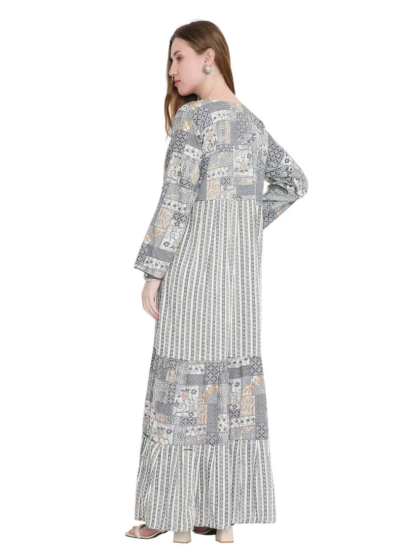 HANA & SARA glamorous long viscose printed farasha with unique embroidered thread detailing arabic kaftan jalabiya dress