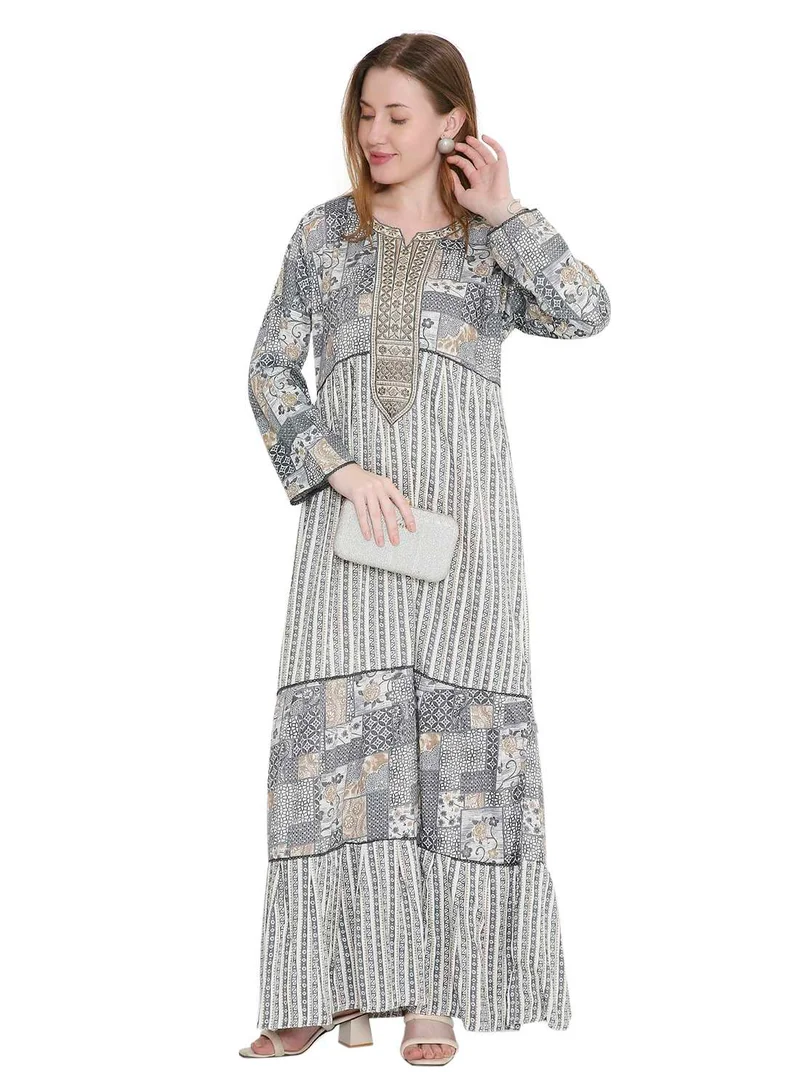 HANA & SARA Glamorous Long Viscose Printed Farasha With Unique Embroidered Thread Detailing Arabic Jalabiya Dress