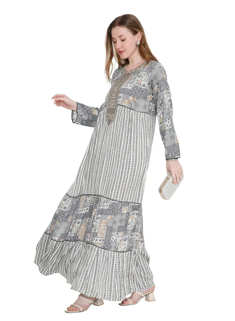 HANA & SARA Glamorous Long Viscose Printed Farasha With Unique Embroidered Thread Detailing Arabic Jalabiya Dress