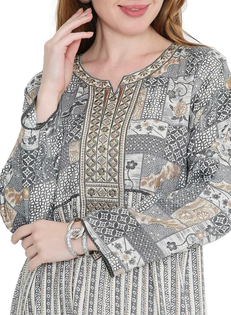HANA & SARA Glamorous Long Viscose Printed Farasha With Unique Embroidered Thread Detailing Arabic Jalabiya Dress