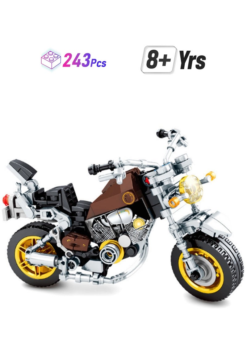 243pcs Silver And Yellow Retro Motorcycle Building Toy Set; Build A Motorcycle Gift For Kids Aged 8+ Who Love Fast-Paced Vehicle Action - Image 1