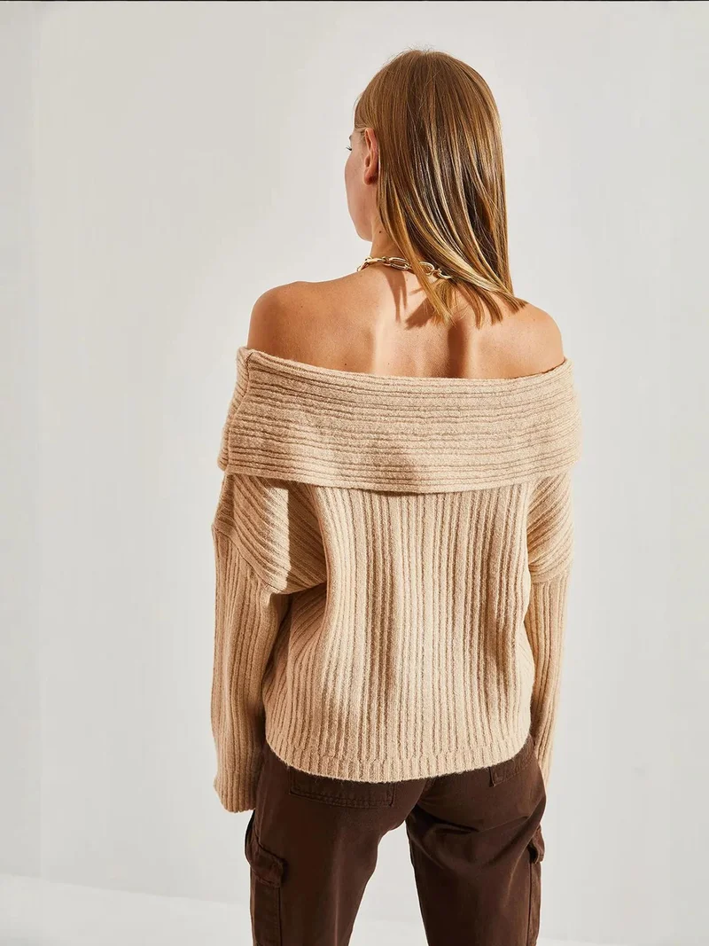 Bianco Lucci LUCCI Off Shoulder Ribbed Knit Sweater