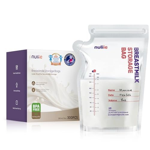Nuliie 300 Pcs Breastmilk Storage Bags, 8 OZ Breast Milk Storing Bags, BPA-Free, Milk Storage Bags with Pour Spout for Breastfeeding, Self-Standing Bag, Space Saving Flat Profile - Image 1