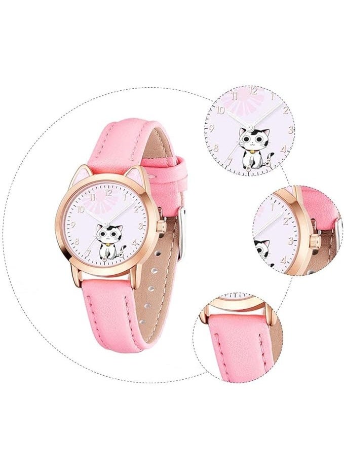 Kids Watches Quartz Luminous Cute Cat Pattern Leather Casual Ladies Fashion Design Women's Pink White Dial Bracelet Watch Pink Strap - Image 3