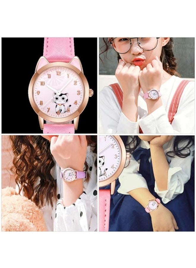 Kids Watches Quartz Luminous Cute Cat Pattern Leather Casual Ladies Fashion Design Women's Pink White Dial Bracelet Watch Pink Strap - Image 4