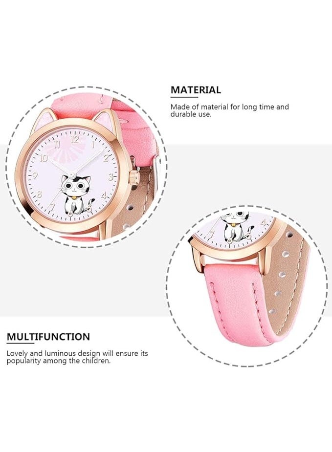Kids Watches Quartz Luminous Cute Cat Pattern Leather Casual Ladies Fashion Design Women's Pink White Dial Bracelet Watch Pink Strap - Image 5