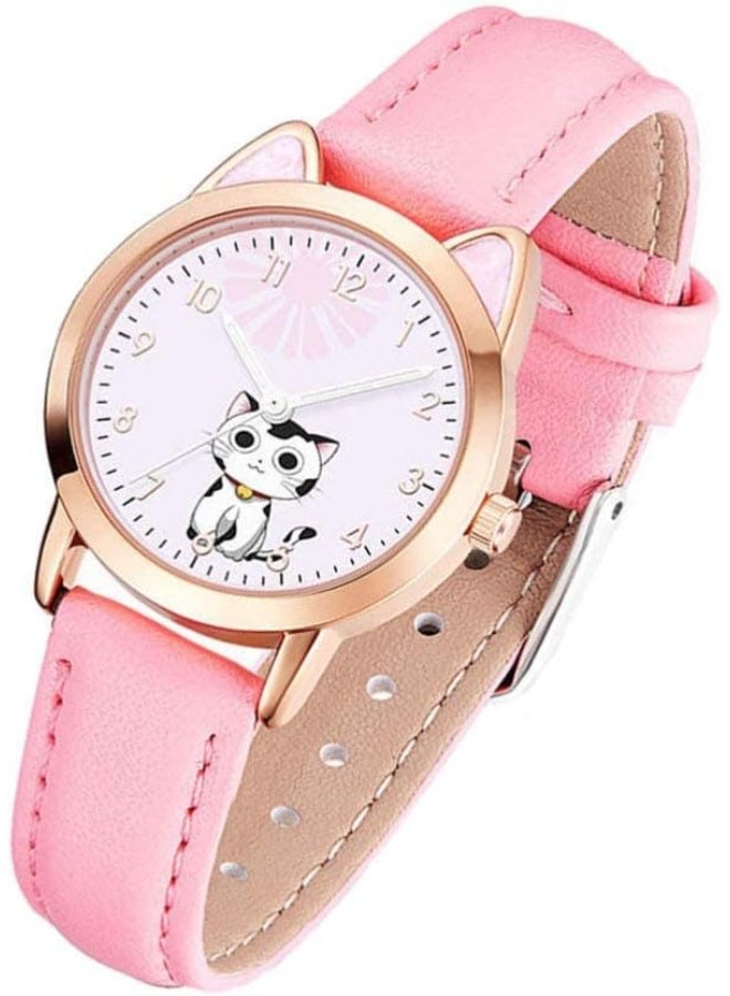 Kids Watches Quartz Luminous Cute Cat Pattern Leather Casual Ladies Fashion Design Women's Pink White Dial Bracelet Watch Pink Strap - Image 1