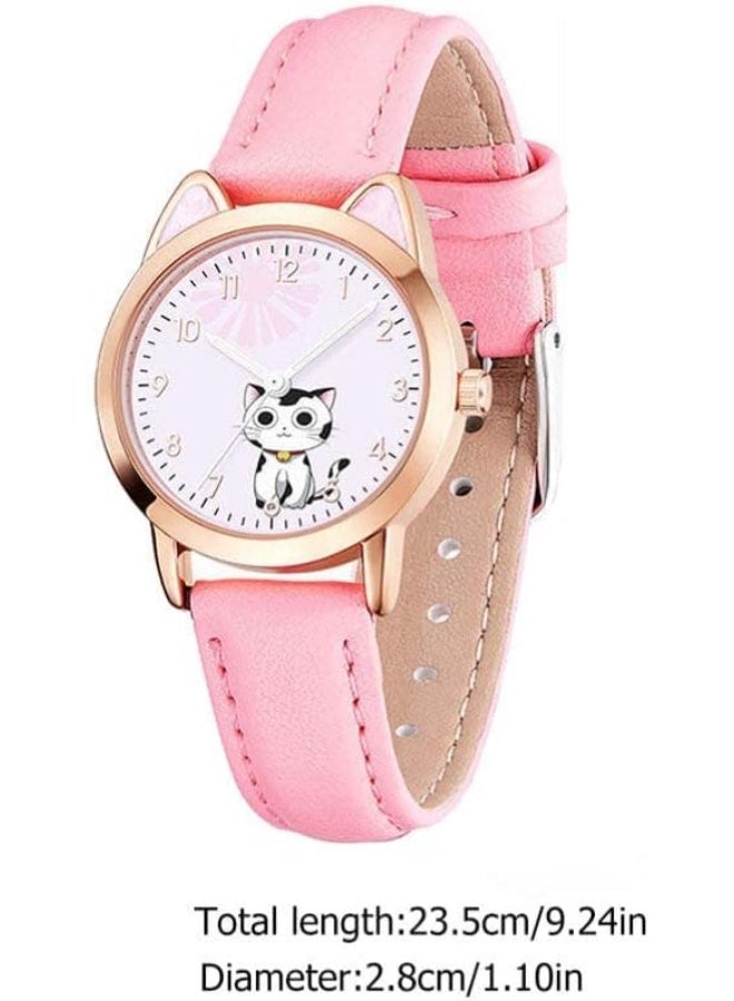 Kids Watches Quartz Luminous Cute Cat Pattern Leather Casual Ladies Fashion Design Women's Pink White Dial Bracelet Watch Pink Strap - Image 2