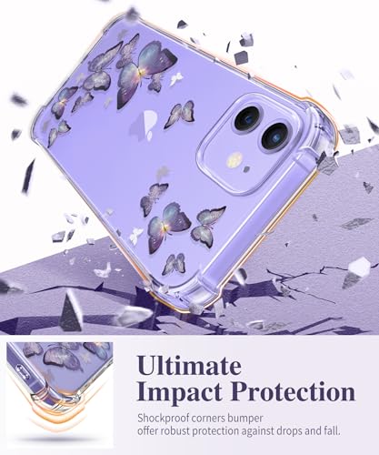 GVIEWIN for iPhone 12 Case and iPhone 12 Pro Case with Screen Protector + Camera Lens Protector, Clear Floral Flexible TPU Shockproof Women Girls Flower Phone Case 6.1"(Alluring Butterfly/Purple) - Image 4