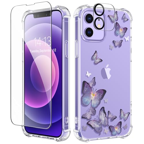 GVIEWIN for iPhone 12 Case and iPhone 12 Pro Case with Screen Protector + Camera Lens Protector, Clear Floral Flexible TPU Shockproof Women Girls Flower Phone Case 6.1"(Alluring Butterfly/Purple) - Image 1