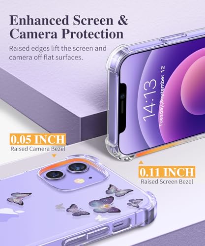 GVIEWIN for iPhone 12 Case and iPhone 12 Pro Case with Screen Protector + Camera Lens Protector, Clear Floral Flexible TPU Shockproof Women Girls Flower Phone Case 6.1"(Alluring Butterfly/Purple) - Image 5