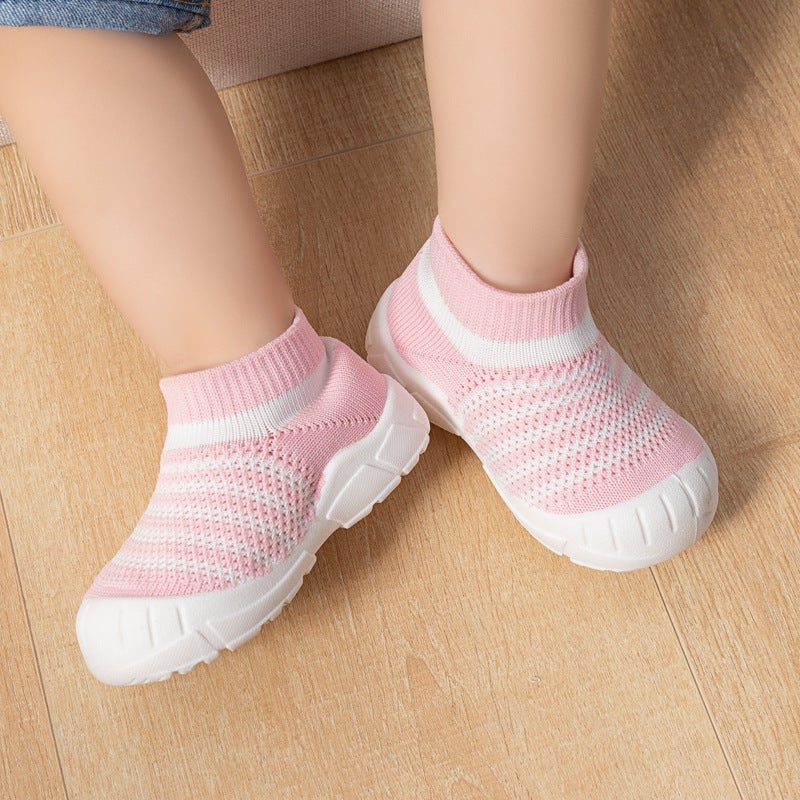 Summer Breathable Flying Woven Shoes Soft Sole Toddler Shoes Socks Shoes Baby Children Children Non-Slip Men'S And Women'S High-Top Striped Mesh - Image 5