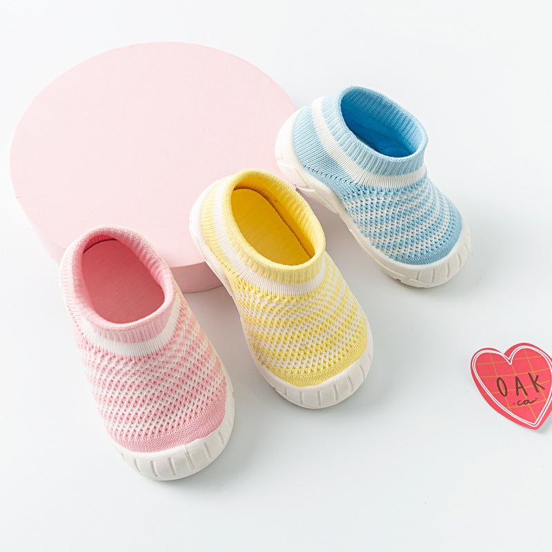 Summer Breathable Flying Woven Shoes Soft Sole Toddler Shoes Socks Shoes Baby Children Children Non-Slip Men'S And Women'S High-Top Striped Mesh - Image 2