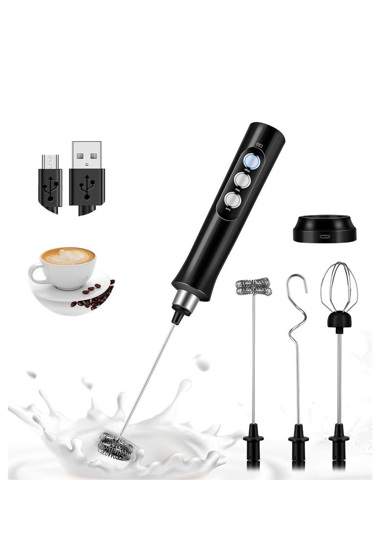 SYOSI Milk Frother Handheld, USB Rechargeable Electric Milk Frother, 3 Speed Adjustable, Dual USB Charging Mode, with 3 Stainless Steel Whisks for Latte, Cappuccino, Hot Chocolate, Egg (Black) - Image 1