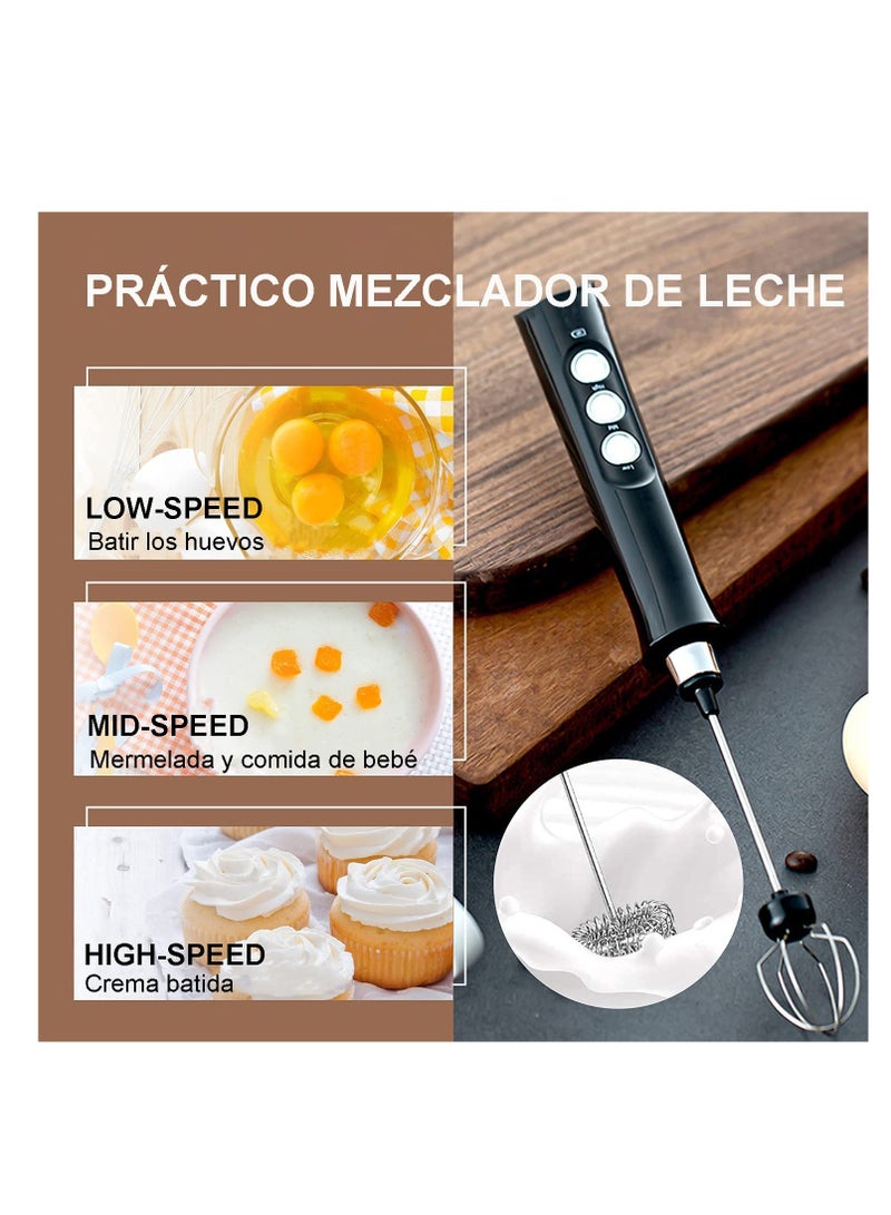 SYOSI Milk Frother Handheld, USB Rechargeable Electric Milk Frother, 3 Speed Adjustable, Dual USB Charging Mode, with 3 Stainless Steel Whisks for Latte, Cappuccino, Hot Chocolate, Egg (Black) - Image 4