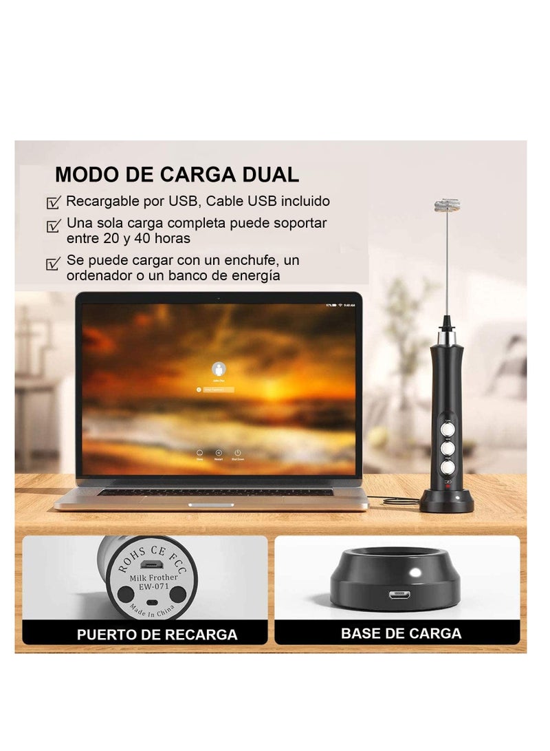 SYOSI Milk Frother Handheld, USB Rechargeable Electric Milk Frother, 3 Speed Adjustable, Dual USB Charging Mode, with 3 Stainless Steel Whisks for Latte, Cappuccino, Hot Chocolate, Egg (Black) - Image 3