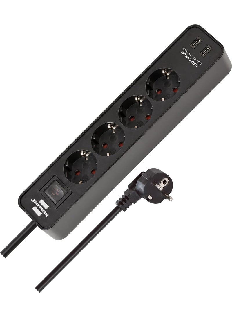 شريط طاقة مشترك طاقة رباعي الاتجاهات مع منفذ شحن USB من برينينشتول (شريط طاقة مع 2 USB نوع C ومفتاح وكابل 5 اقدام) اسود