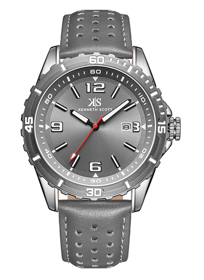 KENNETH SCOTT Kenneth Scott K24022-XLXX Men's Analog Display Watch & Leather  Strap Grey