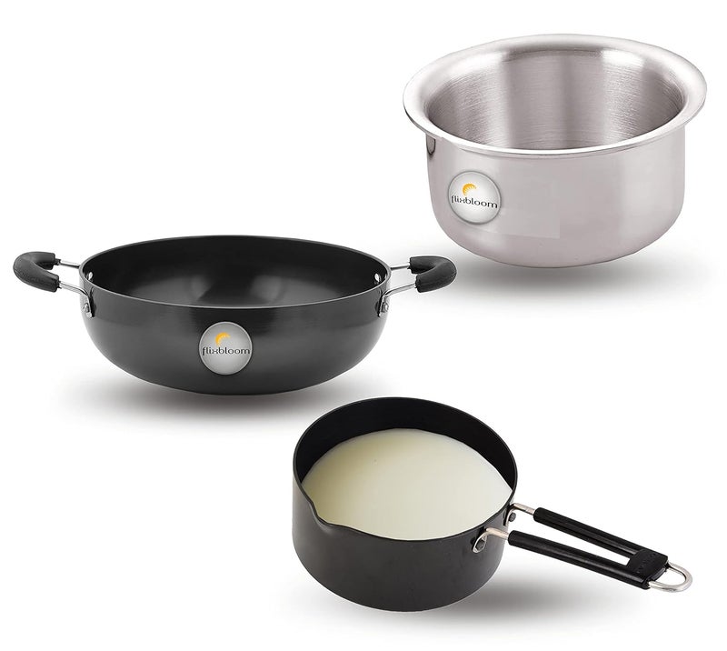 FLIXBLOOM Flixbloom Perfect Kitchen Essential Induction Base Combo Cookware Set of 3 3 Litre Kadai Tope Saucepan Combo Set  - Image 1