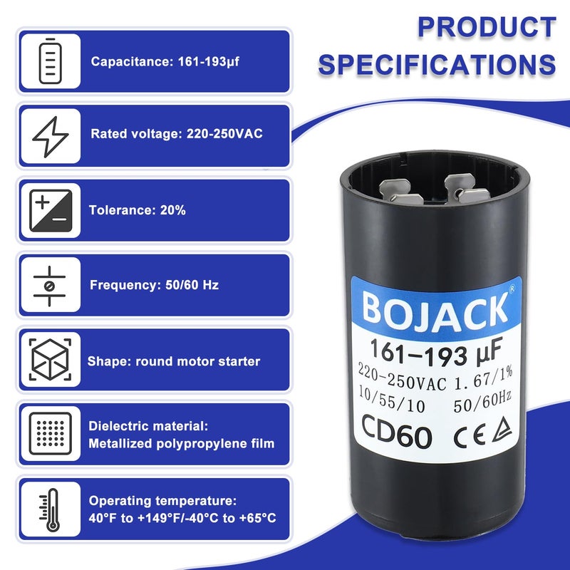 BOJACK 161-193 Uf/Mfd 220-250 Vac 50/60Hz Universal Round Start Capacitor Electrical Replacement - Image 3