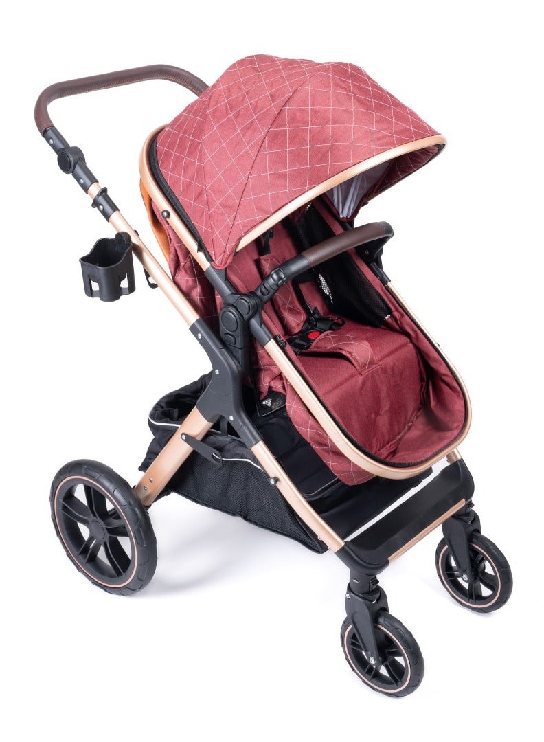 belecoo one fold-to-half luxury pram 2 in 1 - Red - Image 4