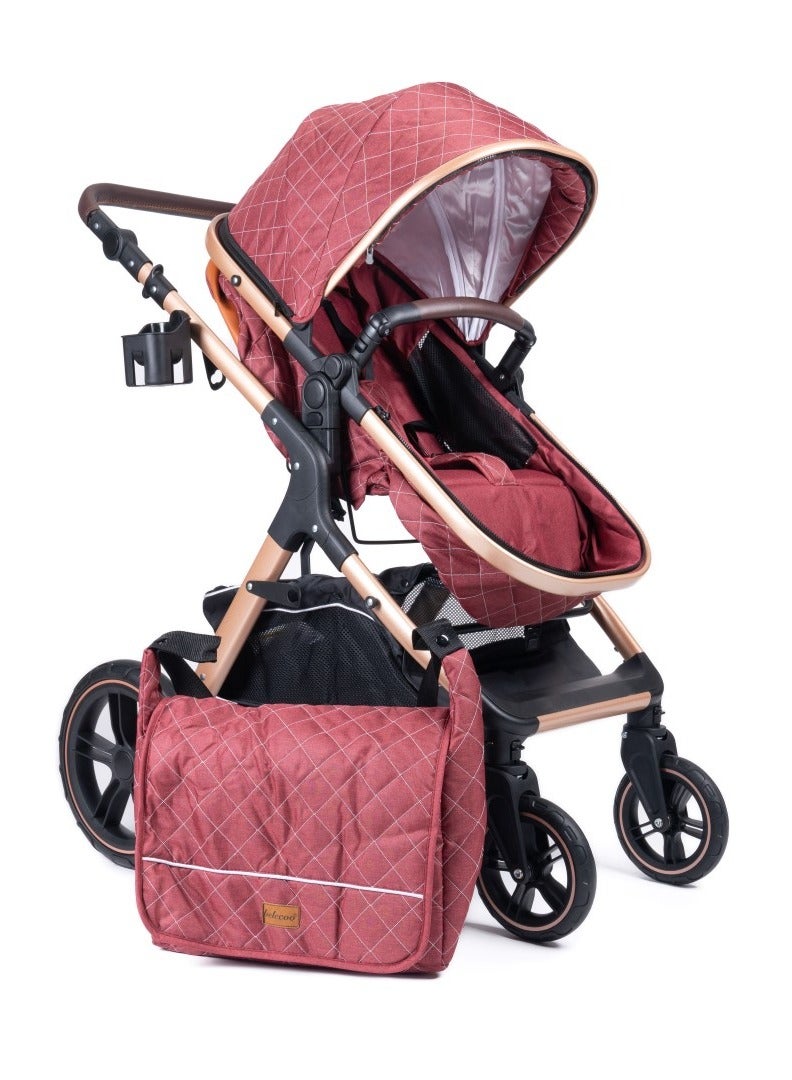 belecoo one fold-to-half luxury pram 2 in 1 - Red - Image 2