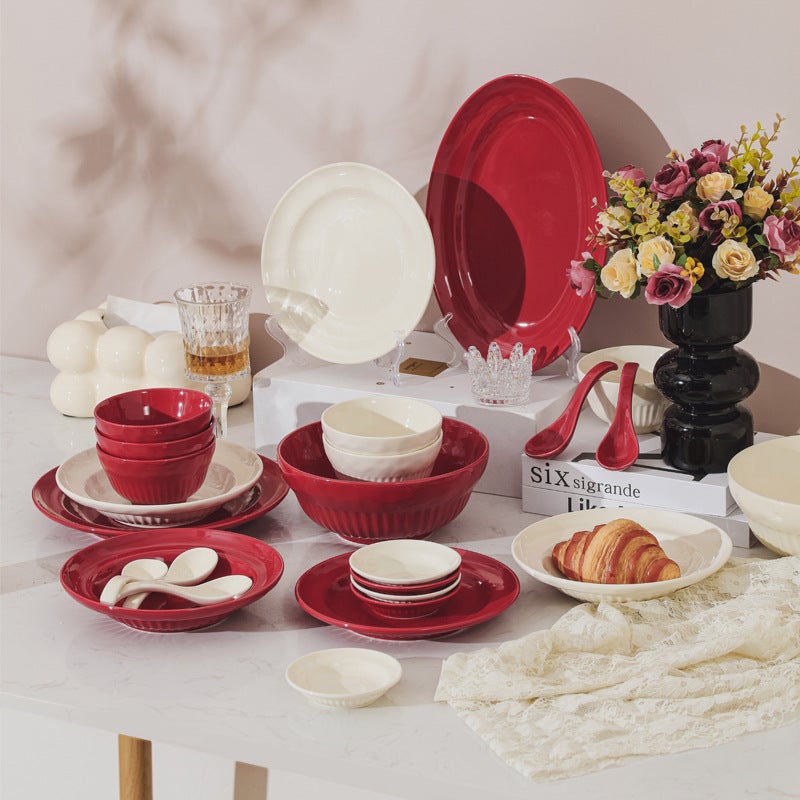 Festive Bowl And Dish Household Red Ceramic Bowl And Dish Combination Suit High-Looking Housewarming Tableware Full Set Plate Rice Bowl - Image 5