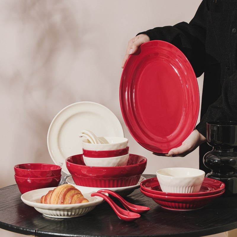 Festive Bowl And Dish Household Red Ceramic Bowl And Dish Combination Suit High-Looking Housewarming Tableware Full Set Plate Rice Bowl - Image 2