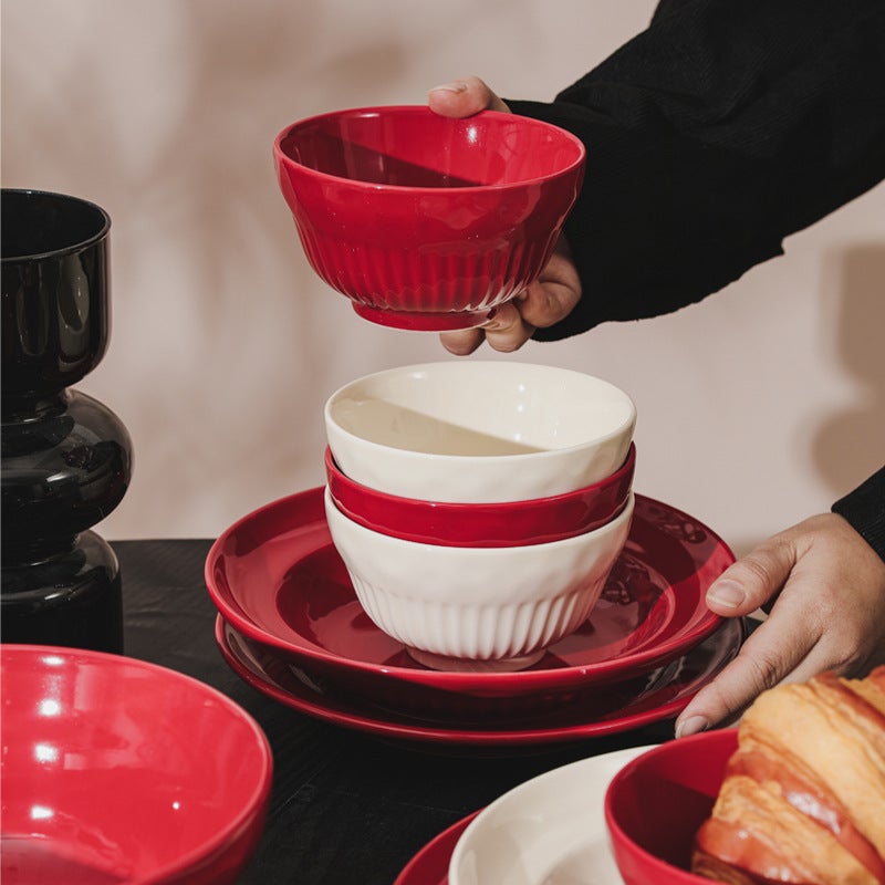 Festive Bowl And Dish Household Red Ceramic Bowl And Dish Combination Suit High-Looking Housewarming Tableware Full Set Plate Rice Bowl - Image 3