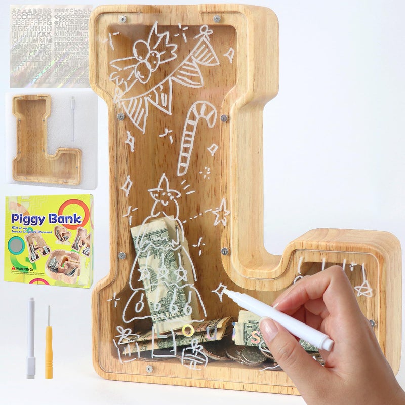 weallbuy Large Letter Piggy Bank for Kids Boys Girls Wooden Personalized Piggy Banks AZ with Target Area Clear Alphabet Banknote Coin Banks for Gift Decoration Baptism L