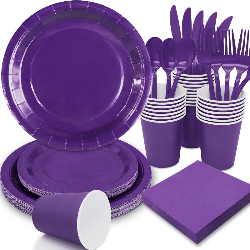 Gudvilla Purple Paper Plates Party Supplies,168pcs Purple Plates and Cups and Napkins Set for Mardi Gras Birthday Decorations Disposable Dinnerware Sets for Women Serve 24 - Image 1