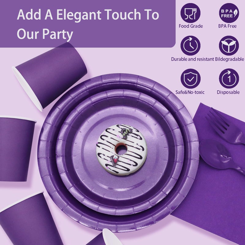 Gudvilla Purple Paper Plates Party Supplies,168pcs Purple Plates and Cups and Napkins Set for Mardi Gras Birthday Decorations Disposable Dinnerware Sets for Women Serve 24 - Image 3