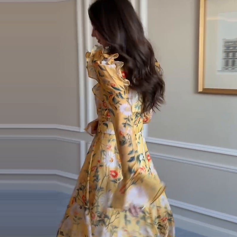 Women'S Retro Artistic Slim High Neck Long Sleeve Printed Dress - Image 3