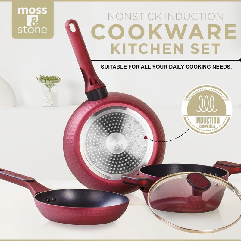 Moss & Stone 4 Piece Nonstick Cookware Set, Small Pots And Pans Set Non stick With Glass Lid, Induction Cookware, Stay Cool Handle, PTFE/PFOA, Kitchen Cookware 4-Piece with Frying Pans Set & Saucepan - Image 2
